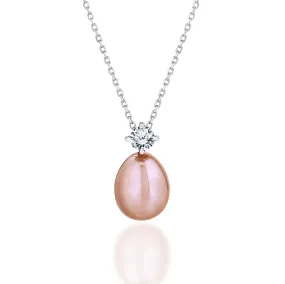 Delicate Pink Akoya Pearl and Round Cut Diamond with Prongs Pendant Necklace in 18K White Gold over Silver Holiday Outfit