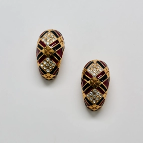 Vintage Harlequin Enamel & Crystal Clip-On Earrings Classic Lines Bright Finish