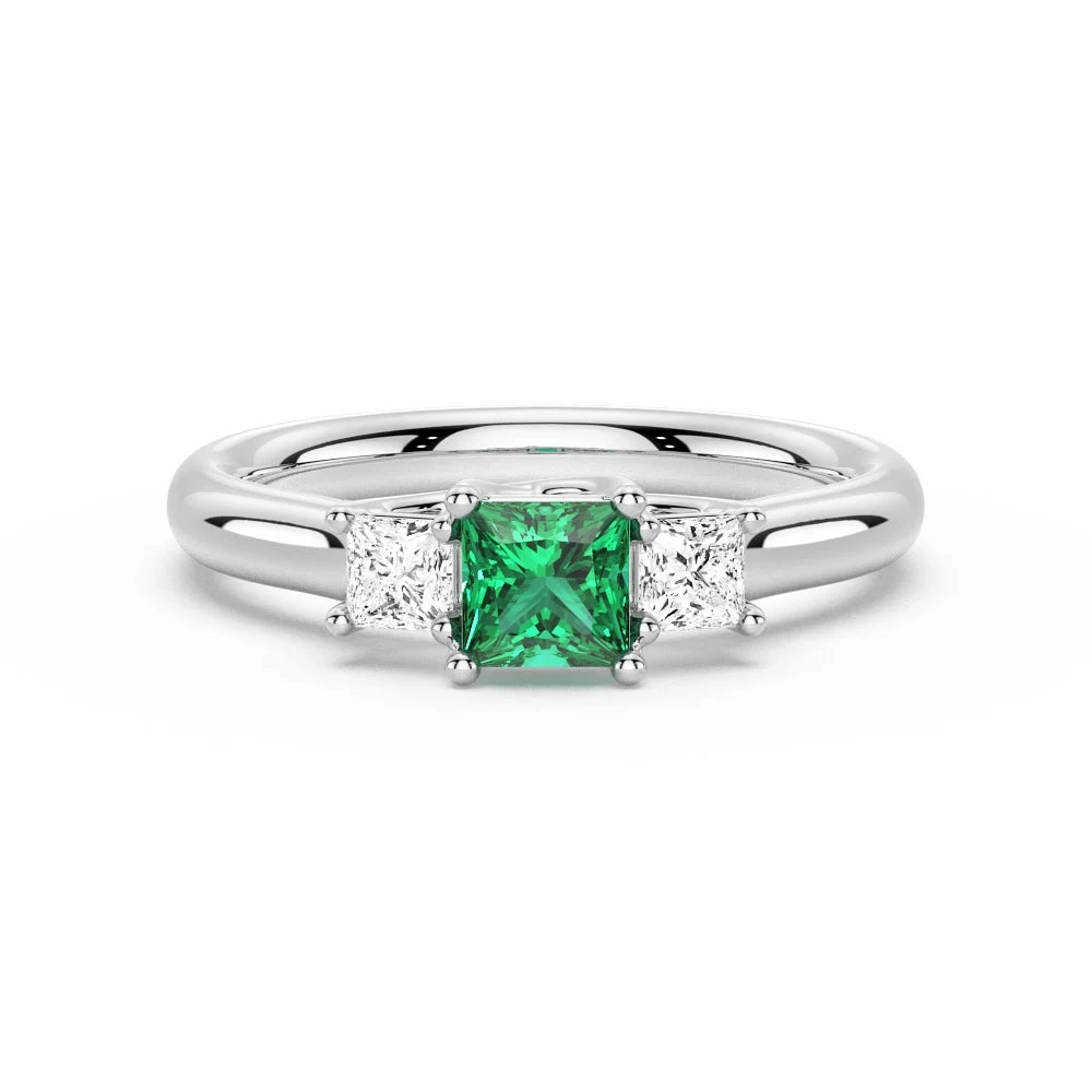 Lab Grown Emerald and Princess Cut Diamond Three Stone Ring Timeless Shine Modern Elegance