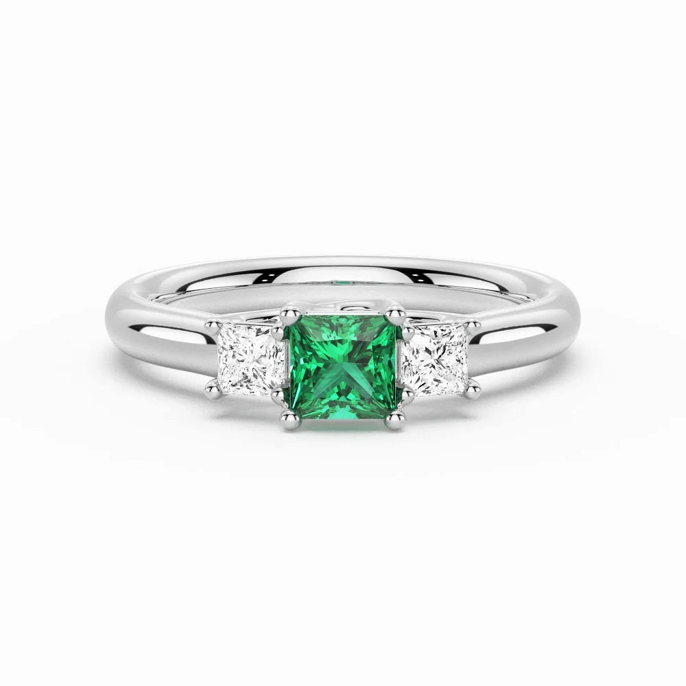 Lab Grown Emerald and Princess Cut Diamond Three Stone Ring Enchanted Detail
