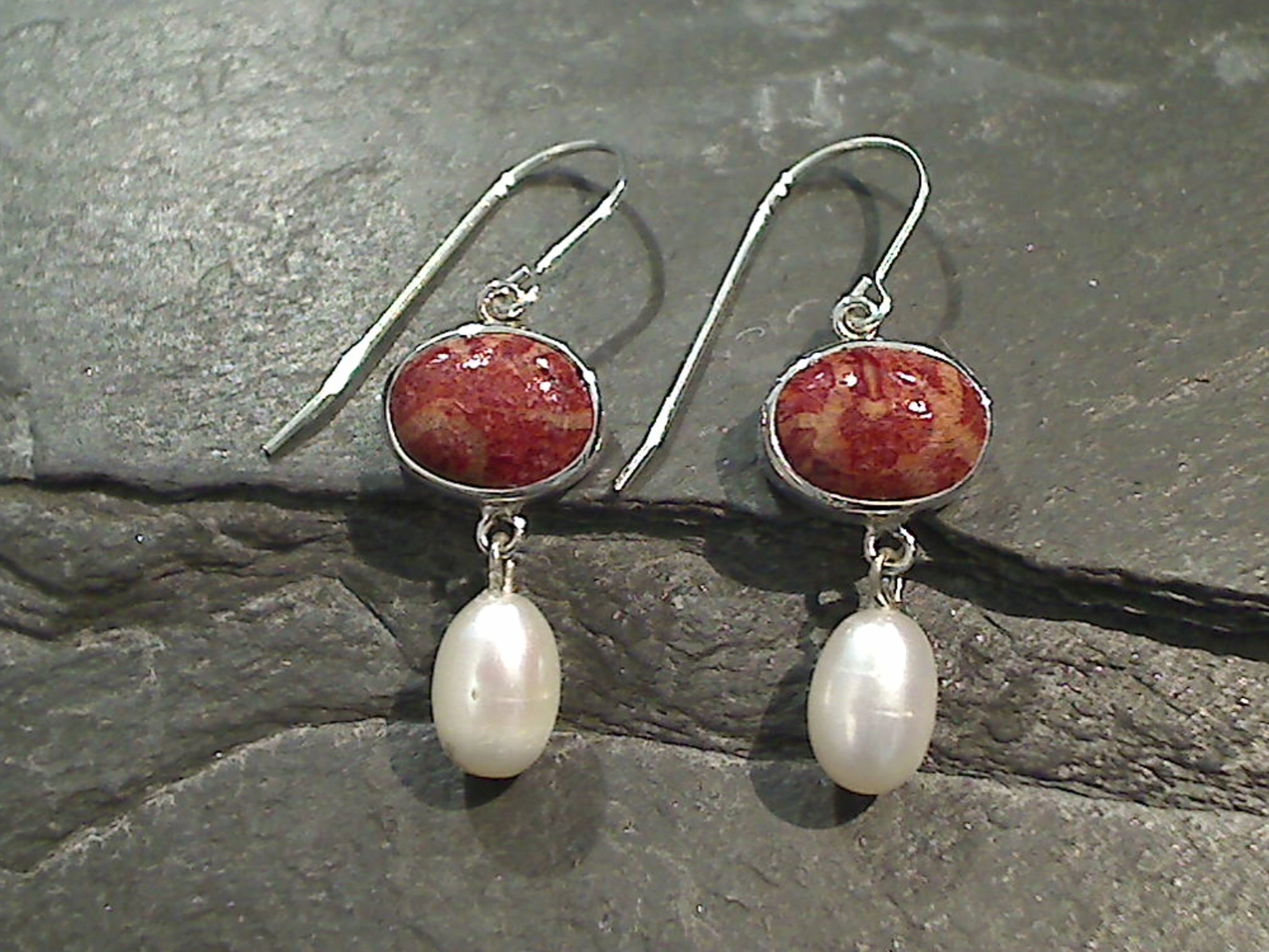 Miniature Trinket Holiday Piece Sponge Coral, Pearl, Sterling Silver Earrings