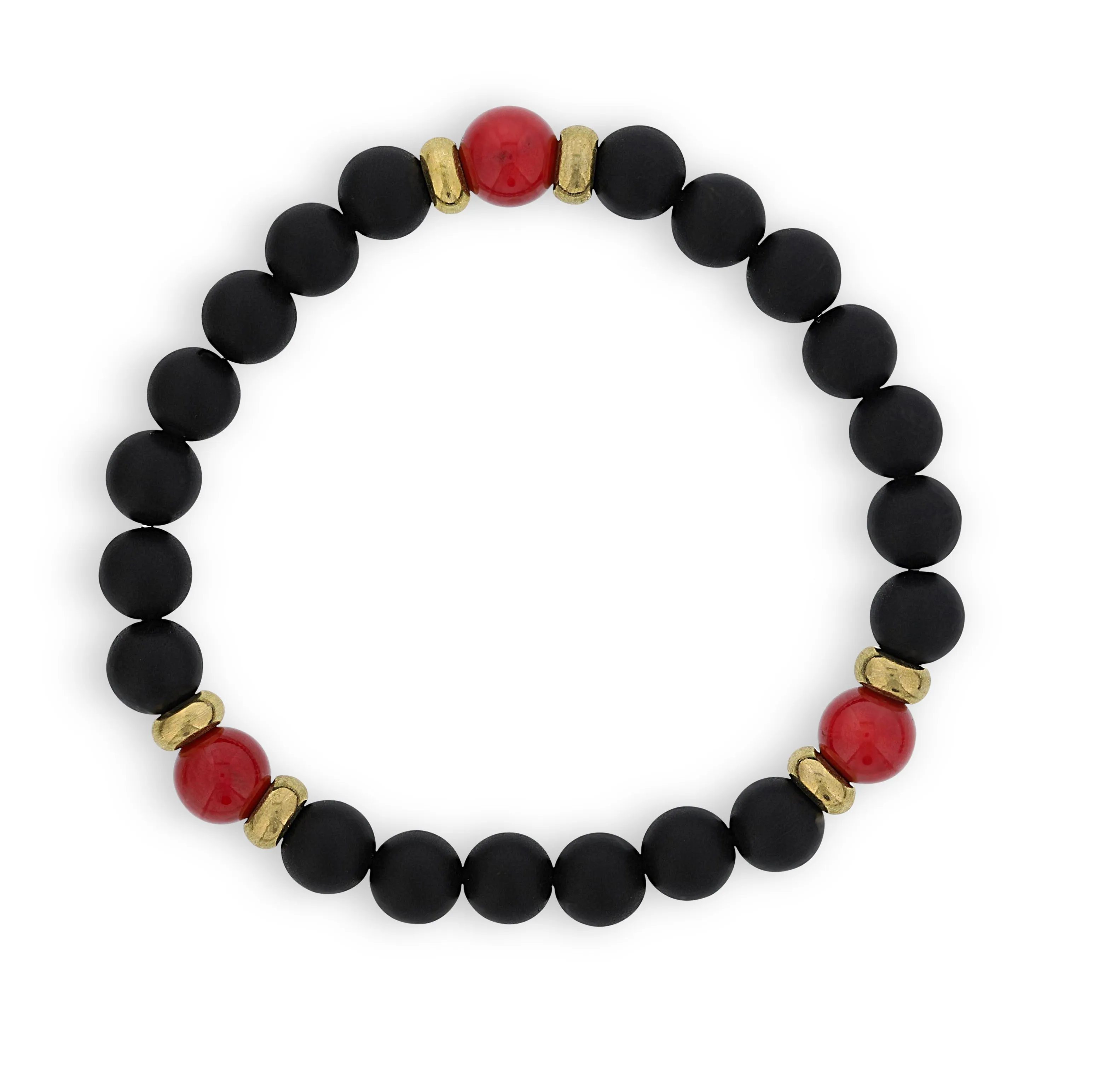 Dee Berkley Mens 8mm Matte Black Agate WIth Gold Tone Spacers & Red Shell Coral Accent Beads Polished Pieces Chic Highlight