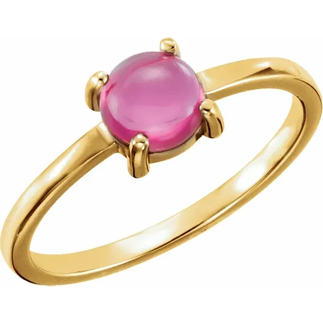 14K Yellow 6 mm Round Pink Tourmaline Cabochon Ring Summer Style