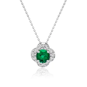 Colorful Design Jewelry Gift For Him Beautiful 1.15 Carat Flower Halo Round Shaped - Emerald - May Birthstone Pendant Necklace in 18K White Gold over Silver