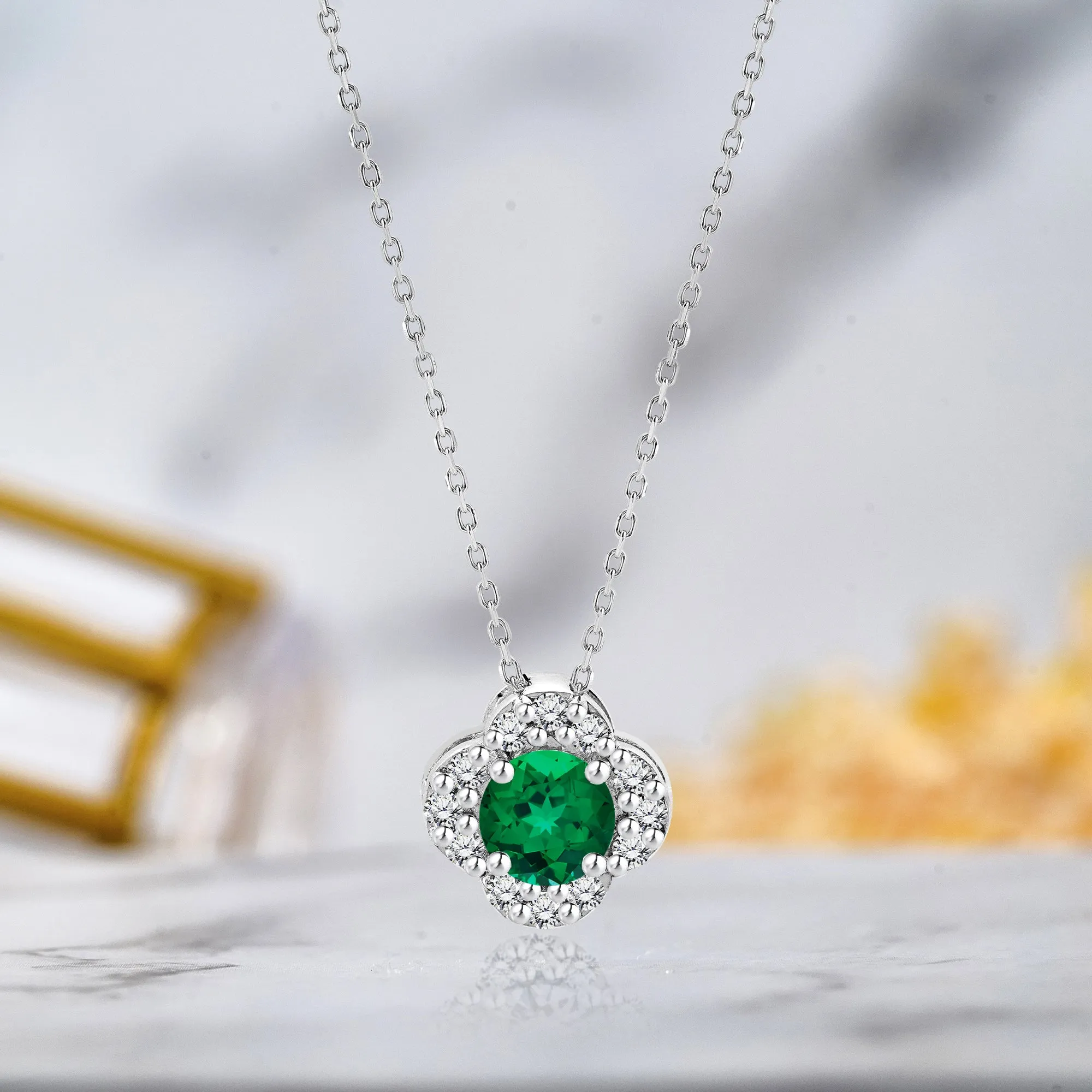 Beaded Item Beautiful 1.15 Carat Flower Halo Round Shaped - Emerald - May Birthstone Pendant Necklace in 18K White Gold over Silver