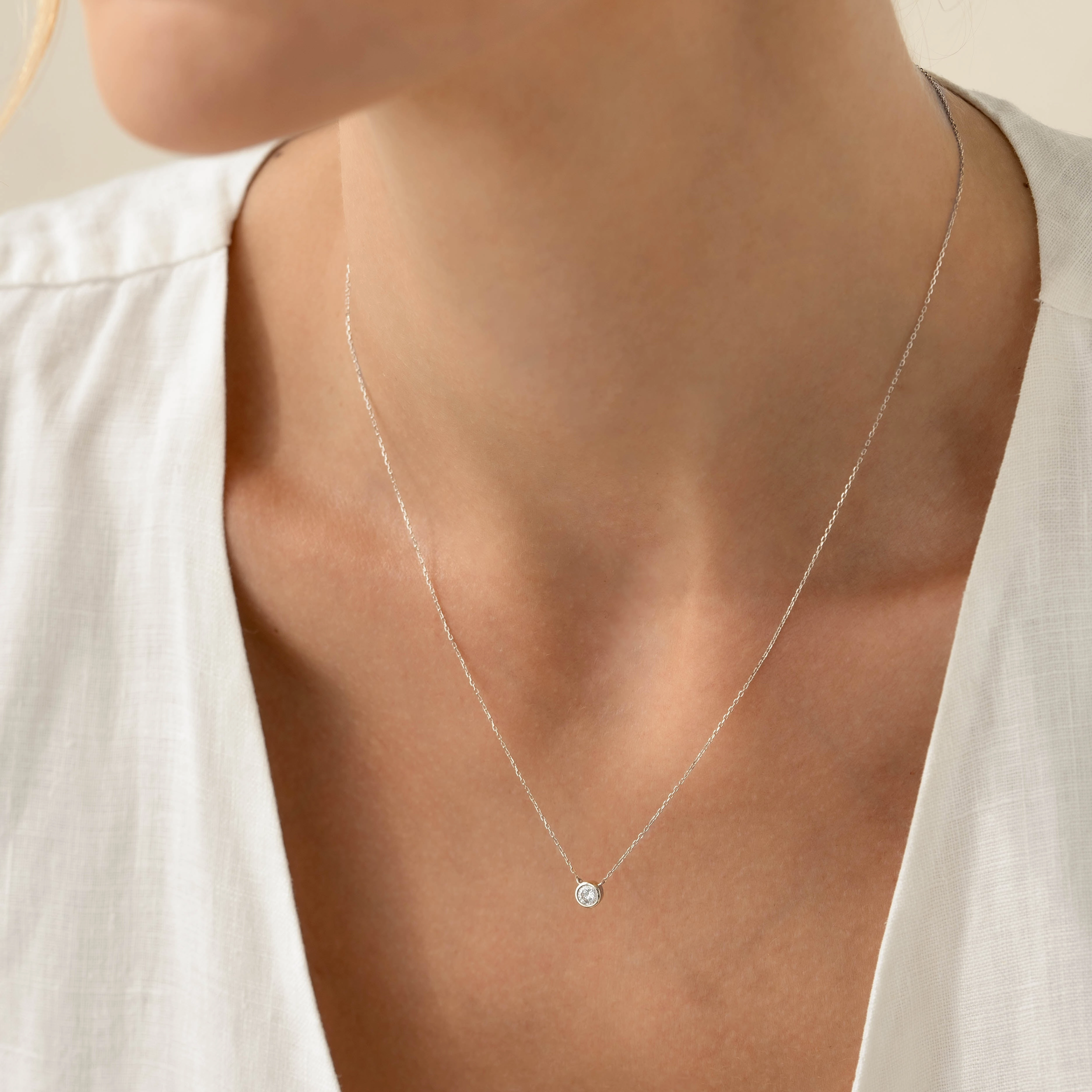 Bezel Set Diamond Necklace 4mm White Gold - Ulla Unique Style All Season