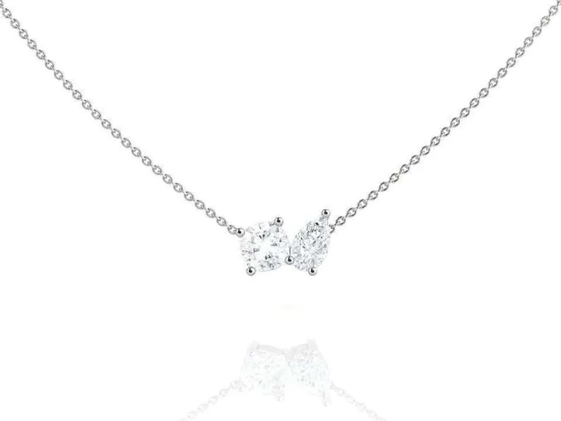 Vintage Ornament Birthday Wish Matching Two Stone Round and Pear cut Diamond Pendant Necklace for Womein in 18k White Gold over Silver