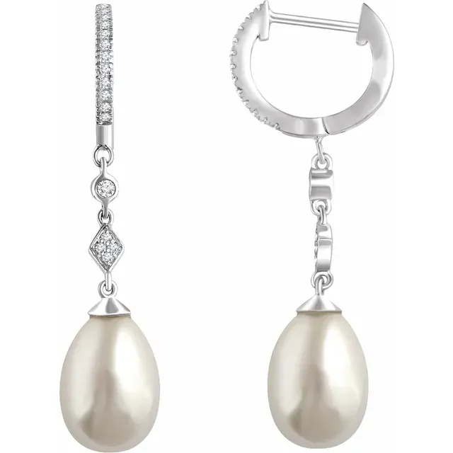 Crisp Accent Statement Ready 14K White Freshwater Cultured Pearl & 1/6 CTW Diamond Earrings