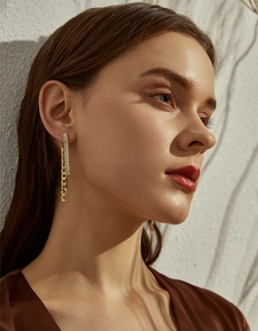 Sabrina Baguette Chain Gold Tassel Drop Earrings Dynamic Highlight