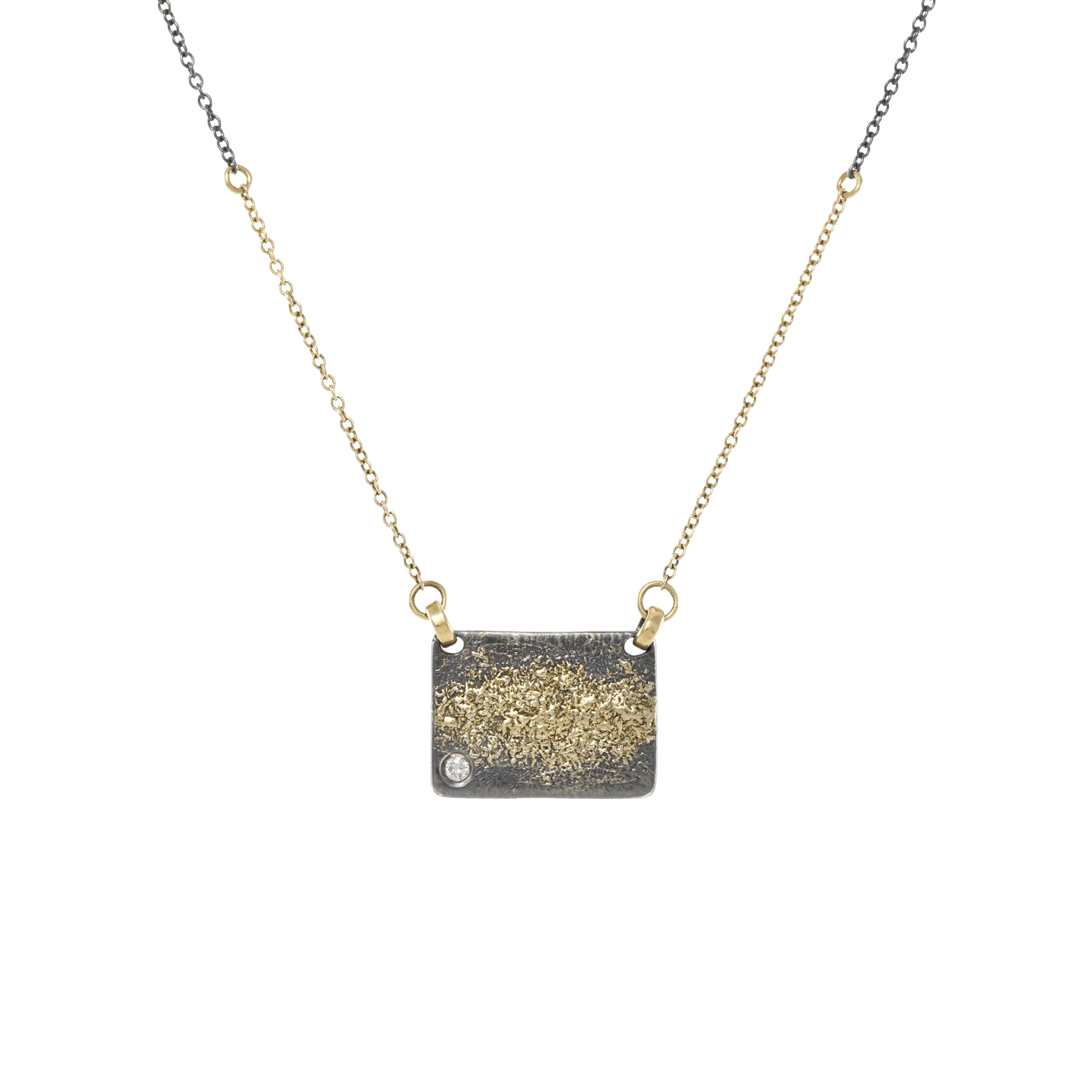 City Block Necklace with 2 mm diamond   Two-Tone Chain - 22k/14ky Gold, Oxidized Silver   Natural VS White Diamond Styled Finish
