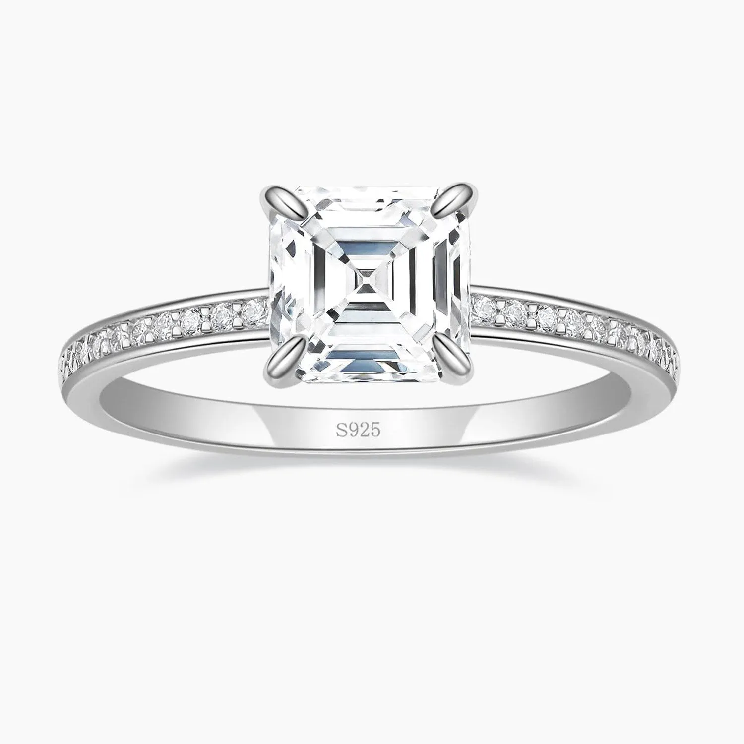 Asscher Cut Engagement Ring with Pave CZ Stones Romantic Fashion Playful Spark