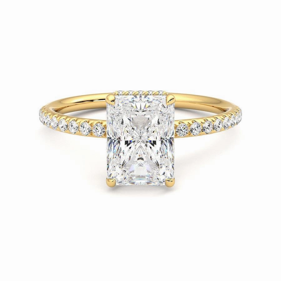 Premium Look Radiant Cut Moissanite Engagement Ring with Hidden Halo and Anniversary Stone Accent