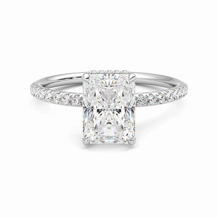 Radiant Cut Moissanite Engagement Ring with Hidden Halo and Anniversary Stone Accent Night Out