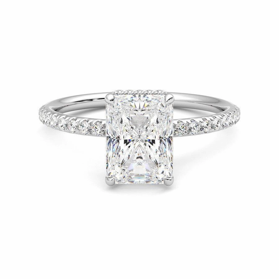 Balanced Feature Vogue Feature Radiant Cut Moissanite Engagement Ring with Hidden Halo and Anniversary Stone Accent