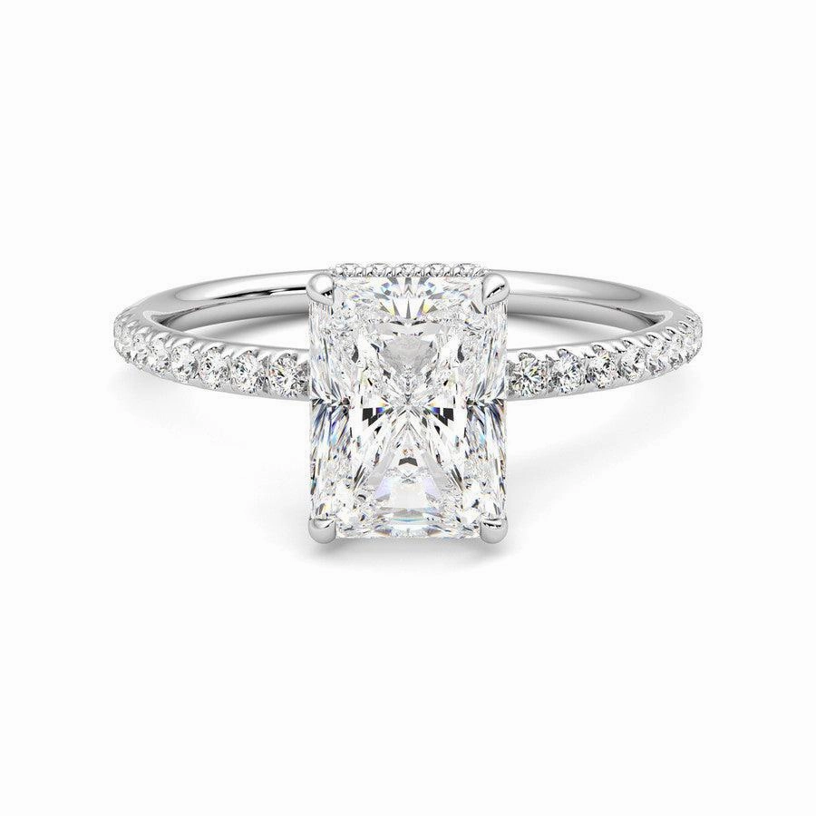 Golden Touch Radiant Cut Moissanite Engagement Ring with Hidden Halo and Anniversary Stone Accent