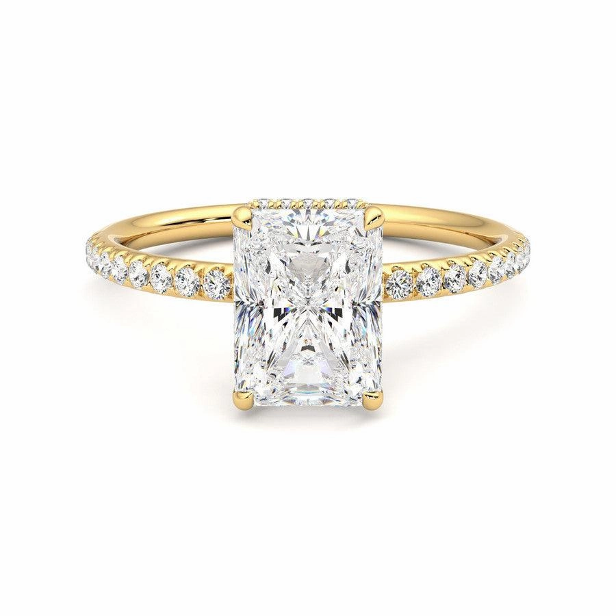Radiant Cut Moissanite Engagement Ring with Hidden Halo and Anniversary Stone Accent Boho Style Dainty Design