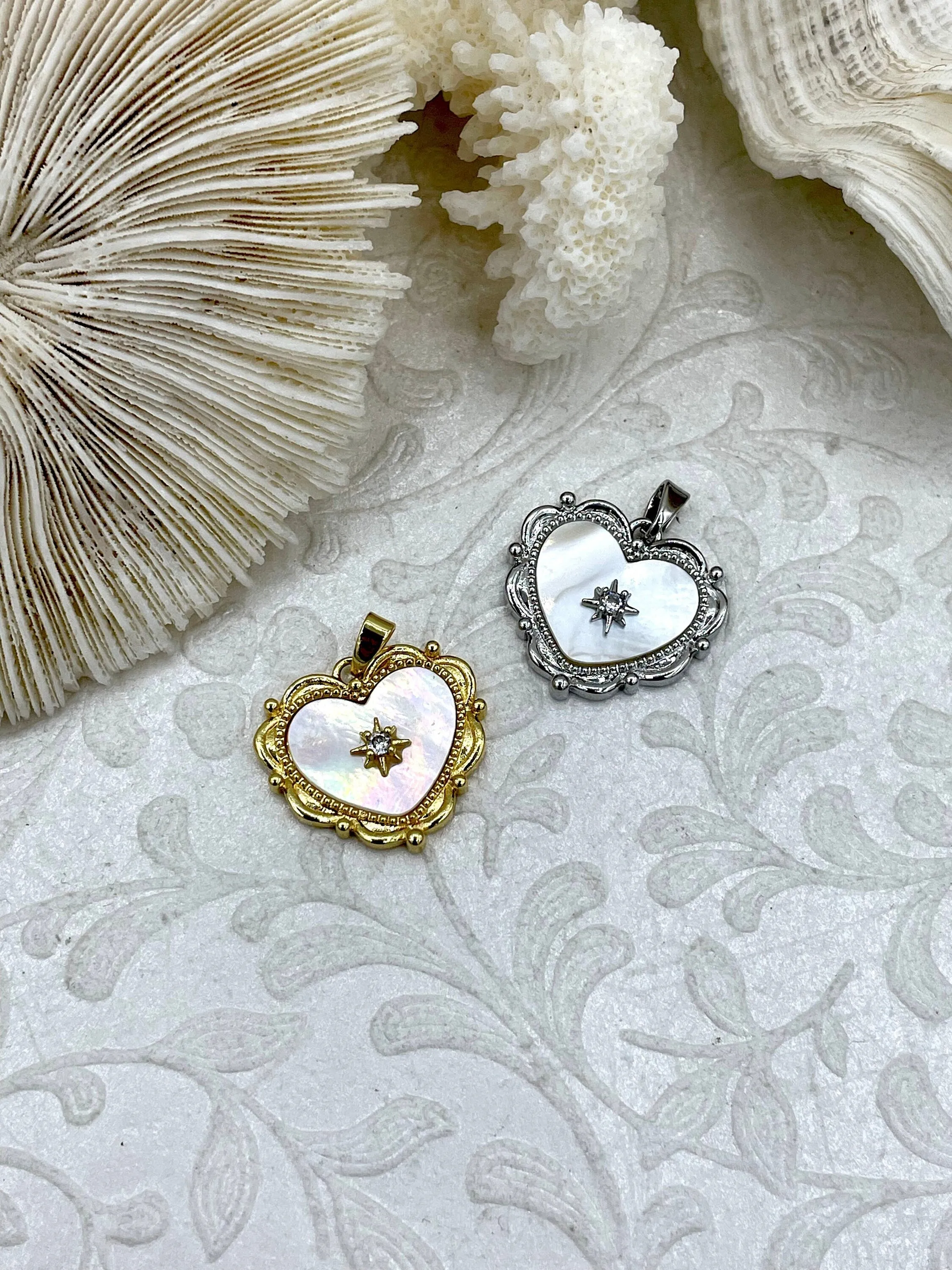for meditation Chic Choice Mother of Pearl Heart Charm with CZ, 2 Colors, Gold or Silver, Plated Brass and Mother of Pearl, 18mm x 19.5mm. Fast Ship