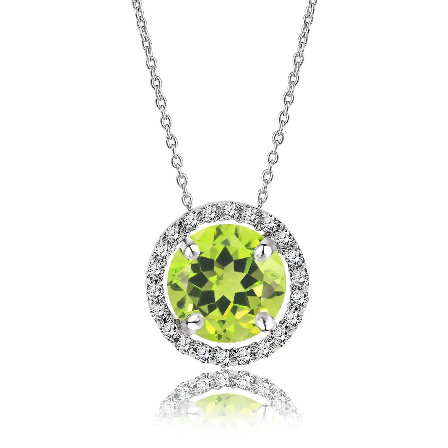 Stylish Present Fashionable Gift Solitaire 1 Carat Round Cut - Peridot - August Birthstone Halo Pendant Necklace 18k White Gold plating over Silver, Adult, Female