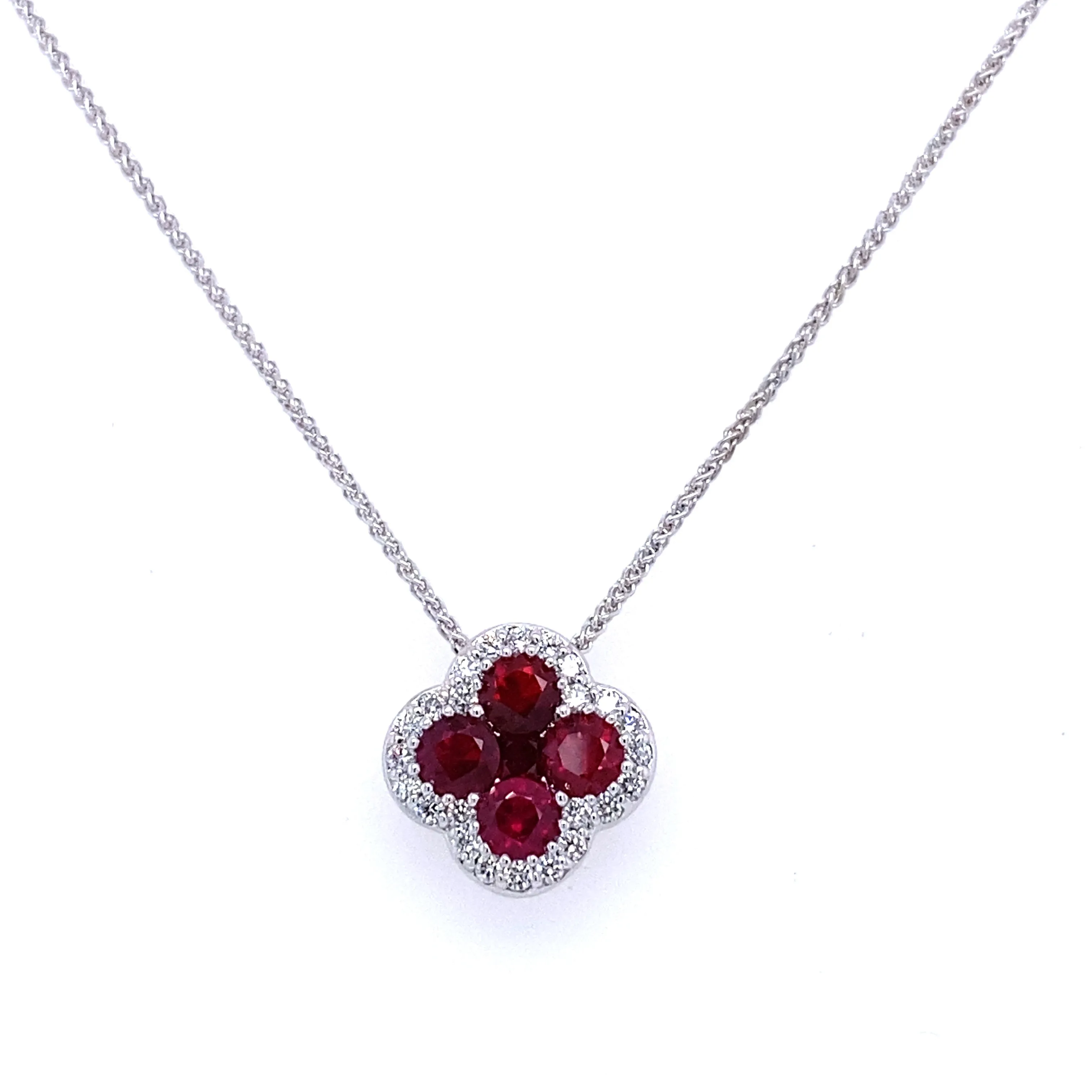 handmade touch Custom Piece Bremer Jewelry 18K White Gold Rubies and Diamonds Cluster Necklace (1.51ctw)