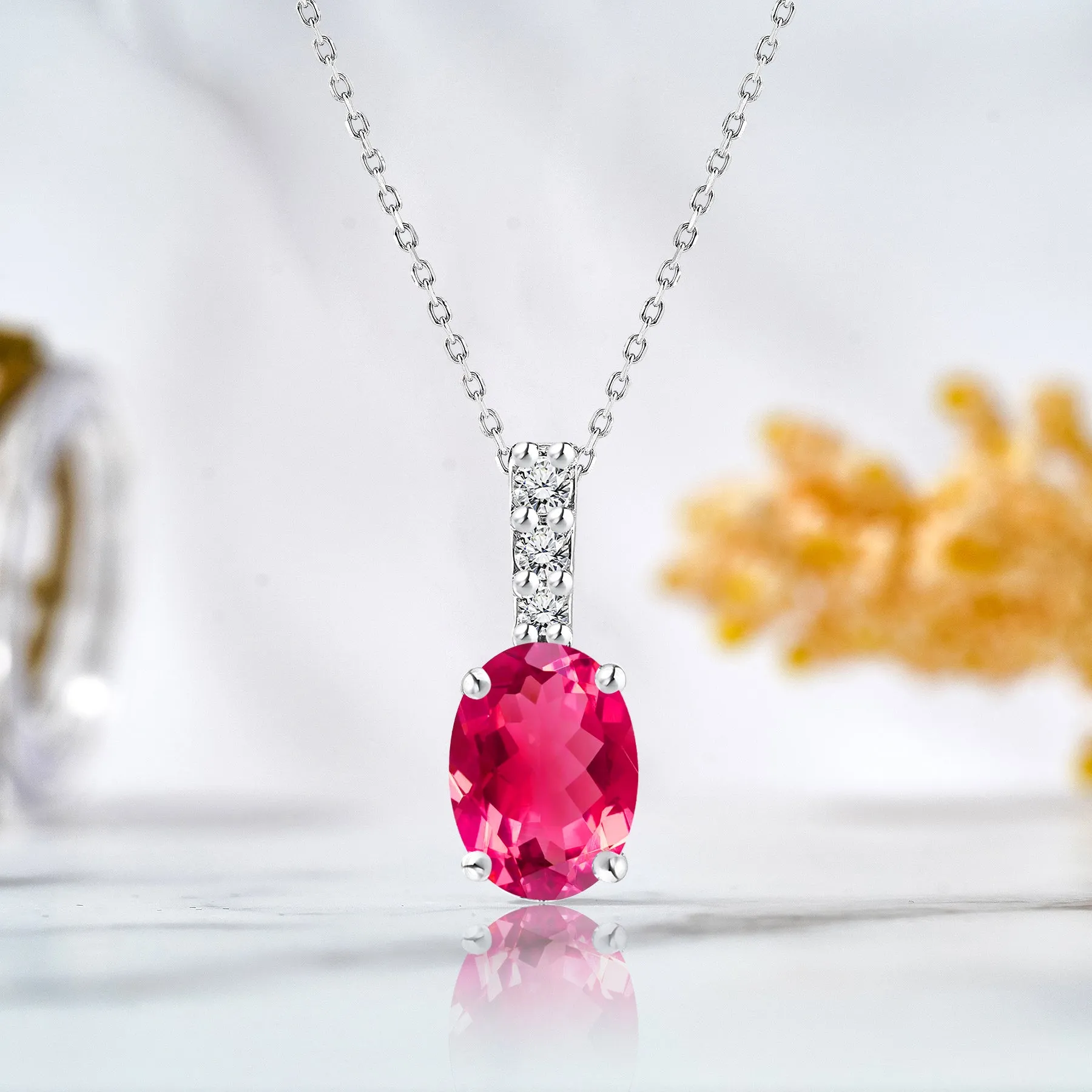 Flawless 1.25 Carat Oval Cut - Ruby - July Birthstone Pendant Necklace for Women in 18K White Gold over Silver Signature Touch