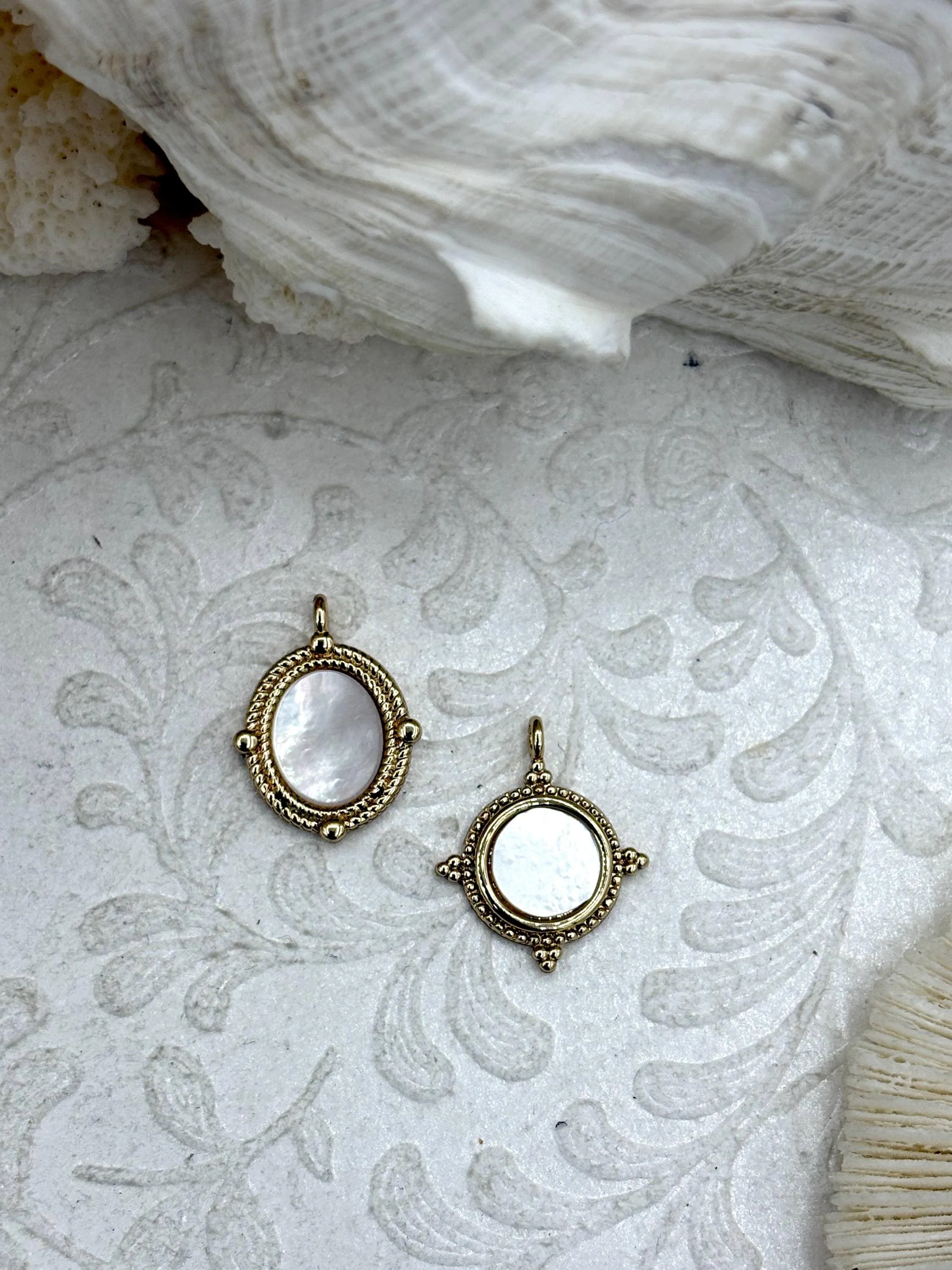 Modern Twist Decorating Accessory Brass Gold Plated Mother of Pearl Pendants, High Quality Brass Charms, 2 Styles, Mother of Pearl Charms, MOP pendants, Fast Ship.