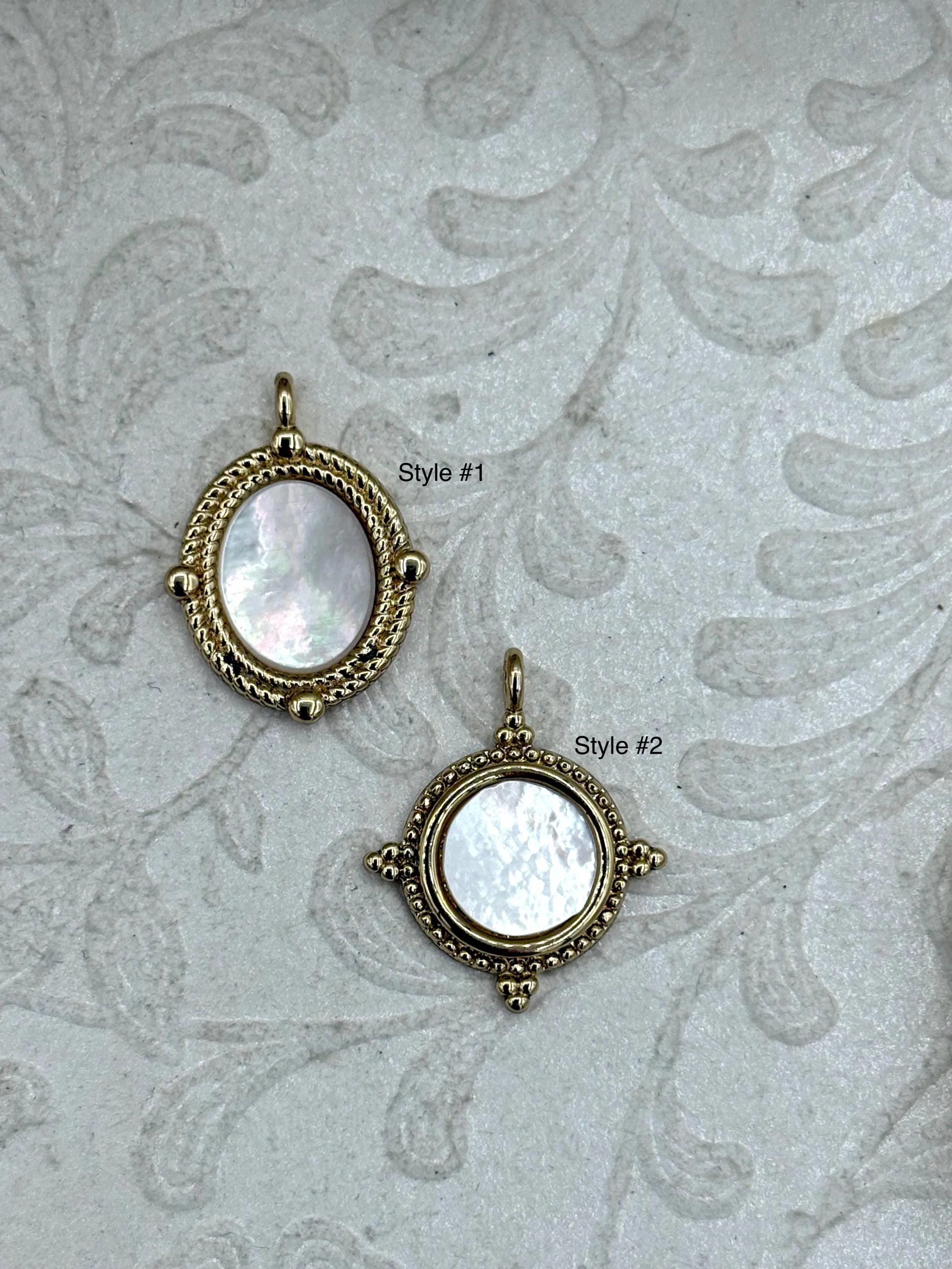 Brass Gold Plated Mother of Pearl Pendants, High Quality Brass Charms, 2 Styles, Mother of Pearl Charms, MOP pendants, Fast Ship. Short Item For Couple