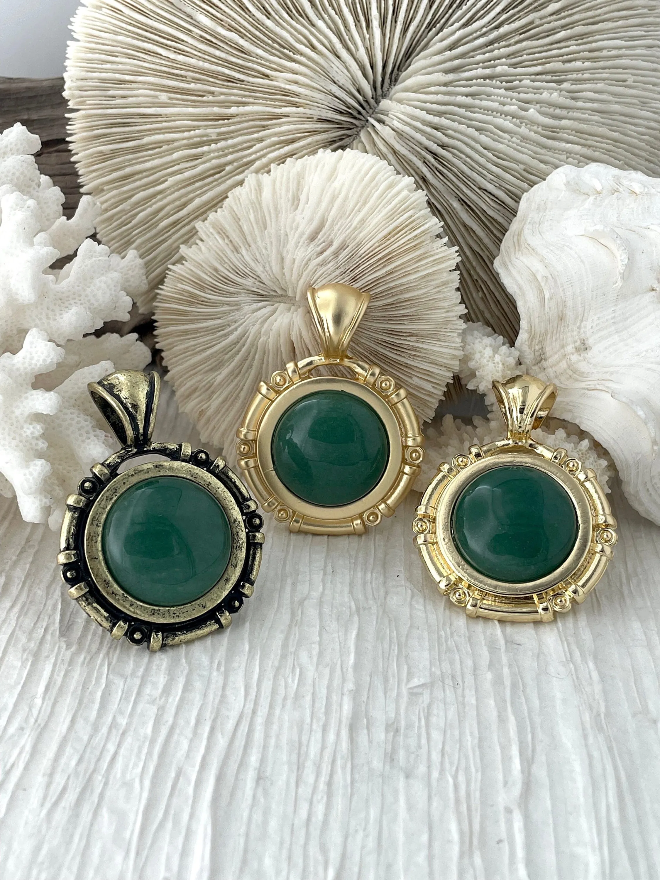 Urban Accent Celebration Style Green Aventurine Stone Pendant with Bezel, Natural Stone Pendants, Cabochon Stone Comes in a variety of patterns, 3 bezel colors, Fast Ship