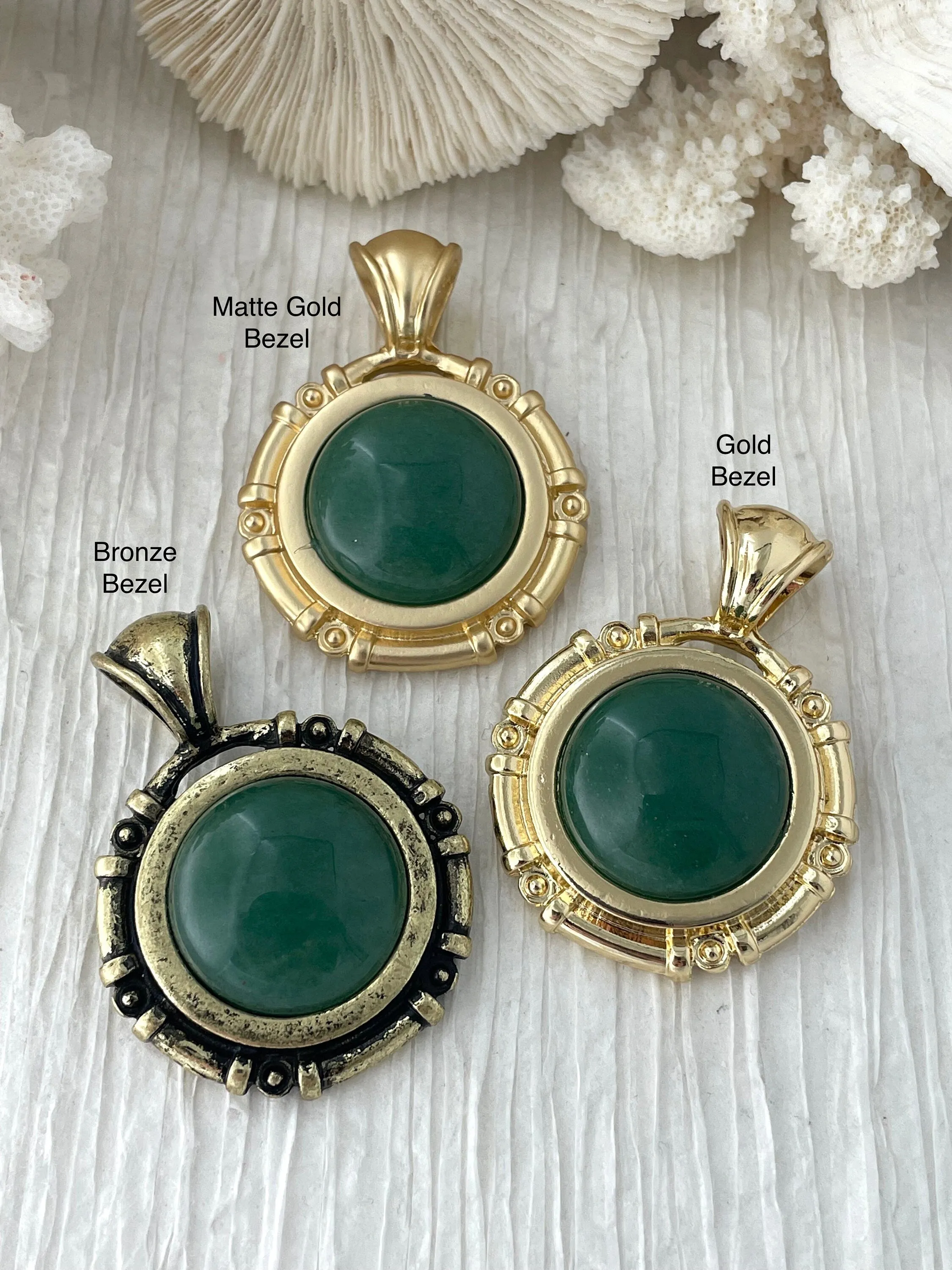 Green Aventurine Stone Pendant with Bezel, Natural Stone Pendants, Cabochon Stone Comes in a variety of patterns, 3 bezel colors, Fast Ship Petite Present