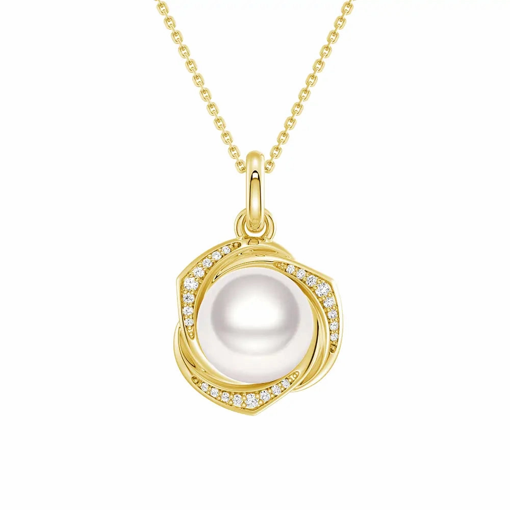 Freshwater Pearl Pendant Necklace with Diamond Floral Halo Trendy Glow Glistening Finish