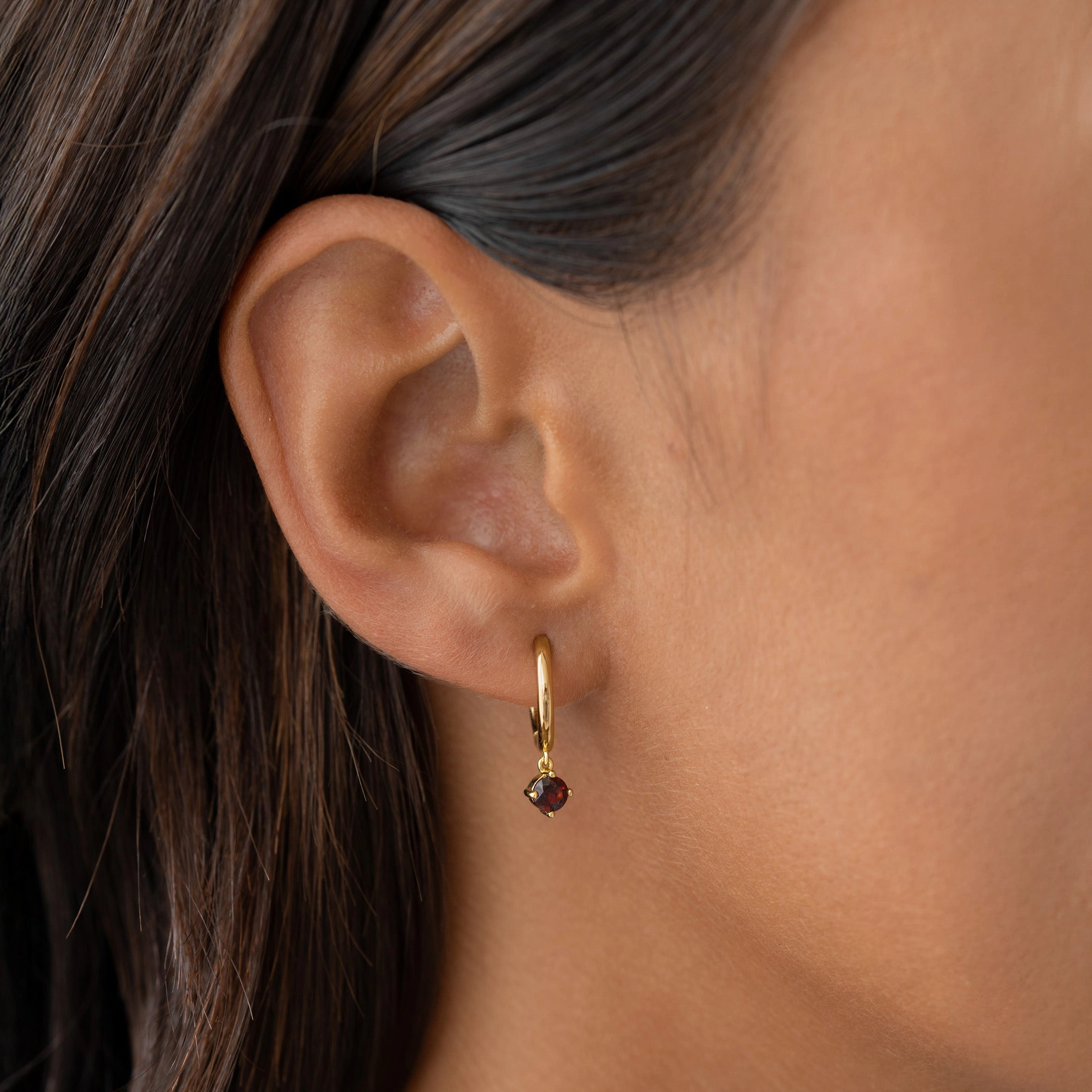 Soft color January Birthstone Drop Huggie Earrings - Garnet