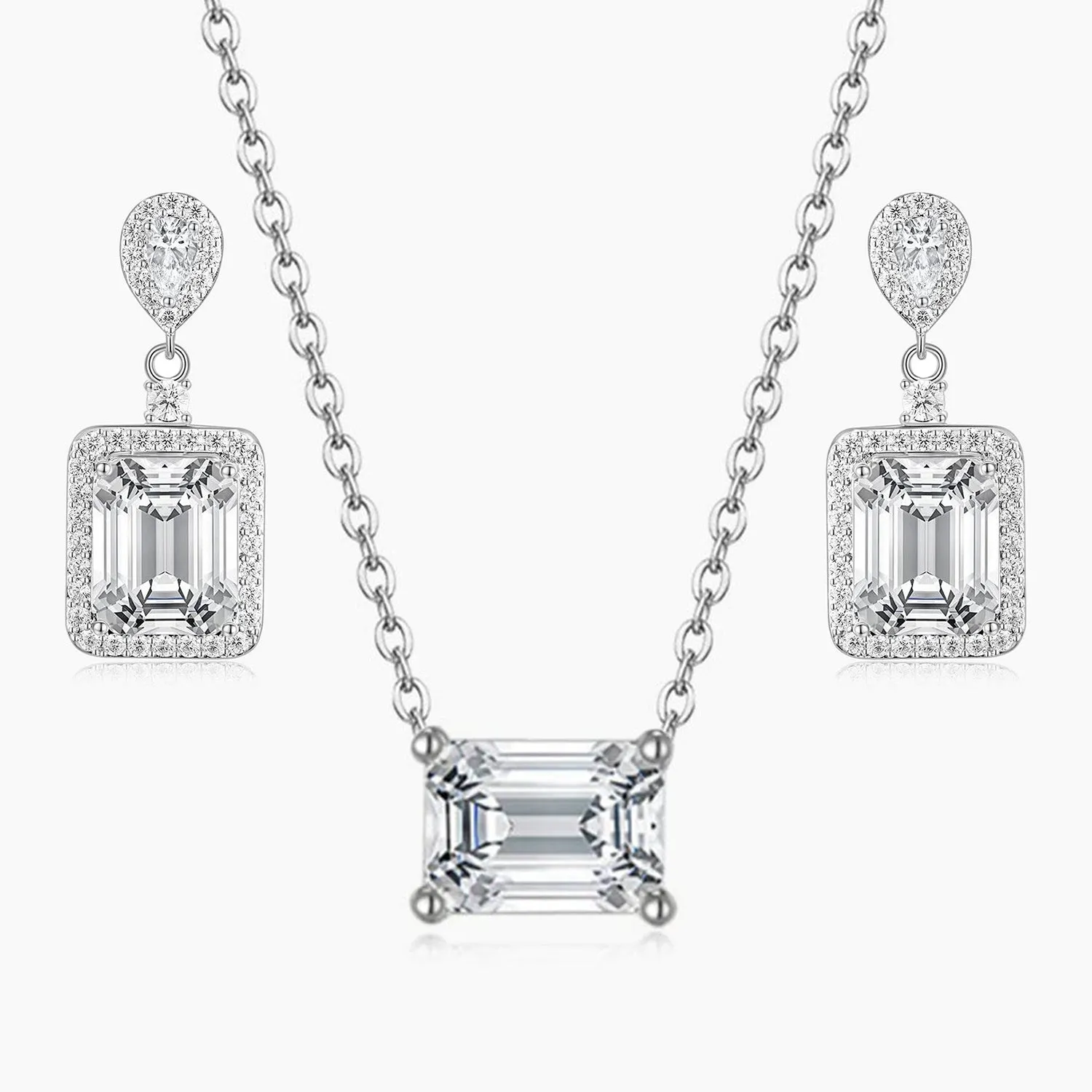 Graceful Flow Emerald Cut CZ Bridal Set in Sterling Silver