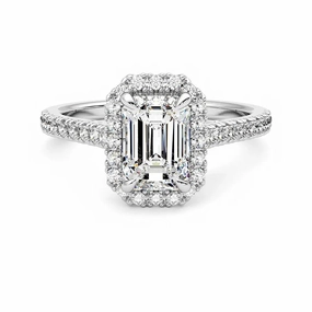 Stylish Detail Daily Gift Emerald Cut Halo Moissanite Engagement Ring with Hidden Anniversary Stone Accent