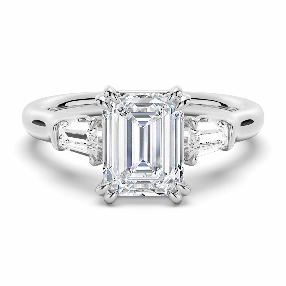 Office Wear Emerald Cut Moissanite Engagement Ring with Tapered Baguette Side Stones
