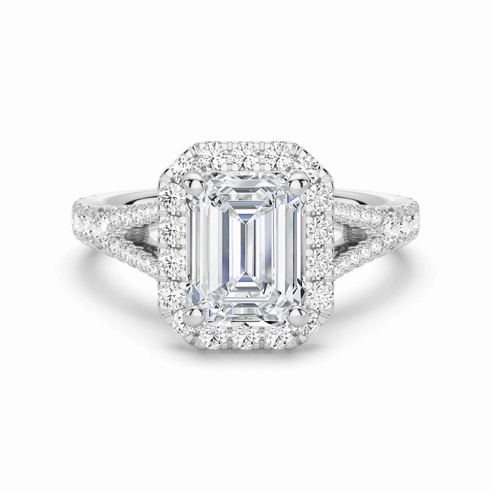 Emerald Cut Split Shank Moissanite Halo Engagement Ring Sophisticated Shine Artful Edge