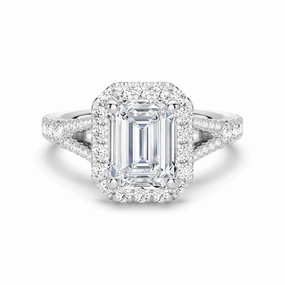 Cozy Look Emerald Cut Split Shank Moissanite Halo Engagement Ring