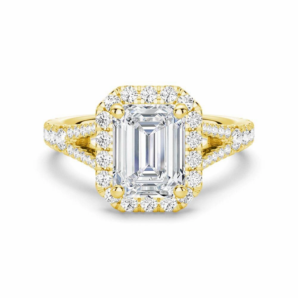 Statement Feature Heirloom Feel Emerald Cut Split Shank Moissanite Halo Engagement Ring