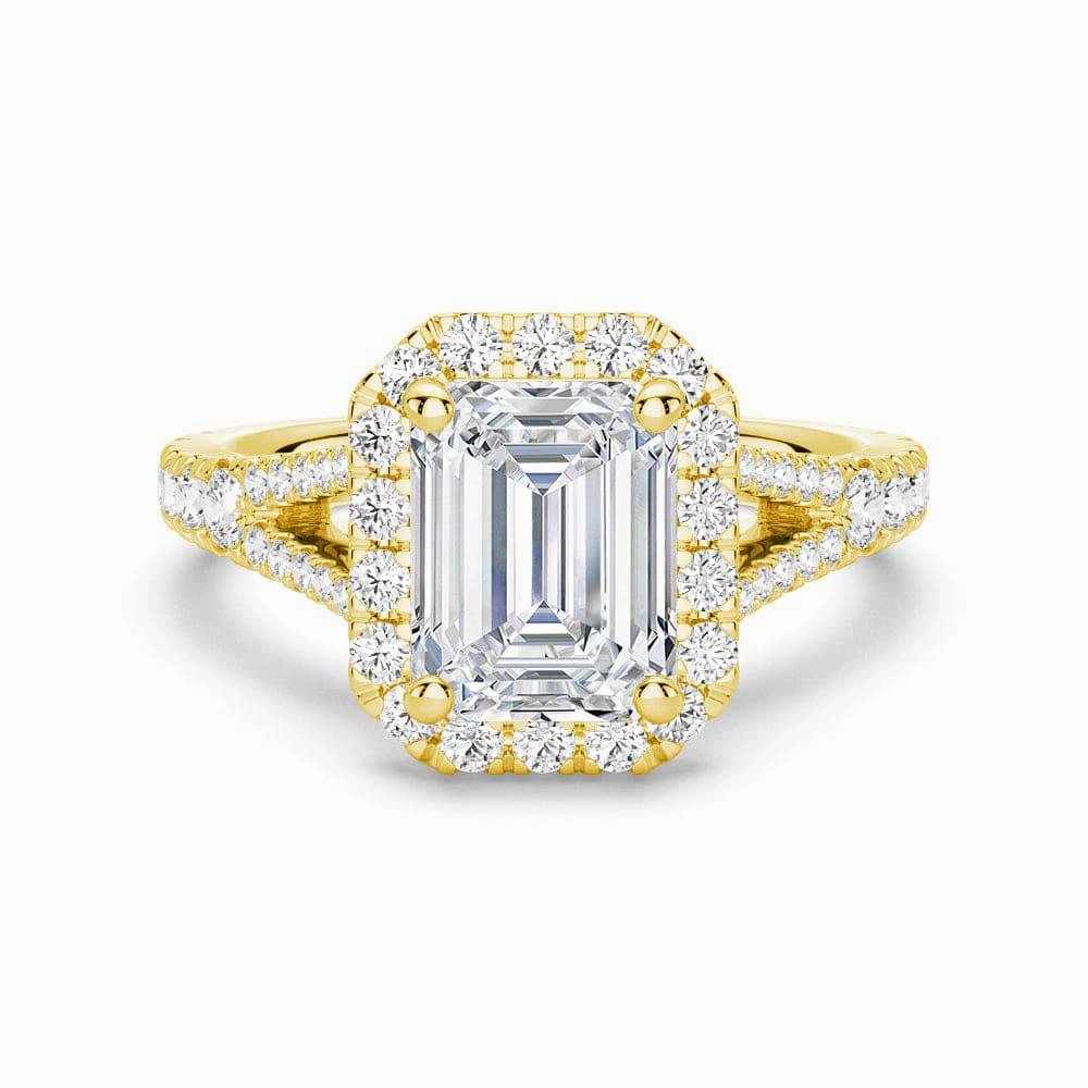 Elite Shape Emerald Cut Split Shank Moissanite Halo Engagement Ring