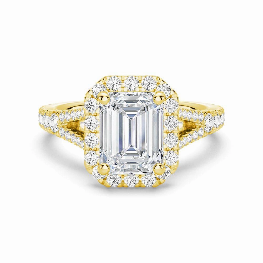 Emerald Cut Split Shank Moissanite Halo Engagement Ring Modern Pair Luxe Shine Up