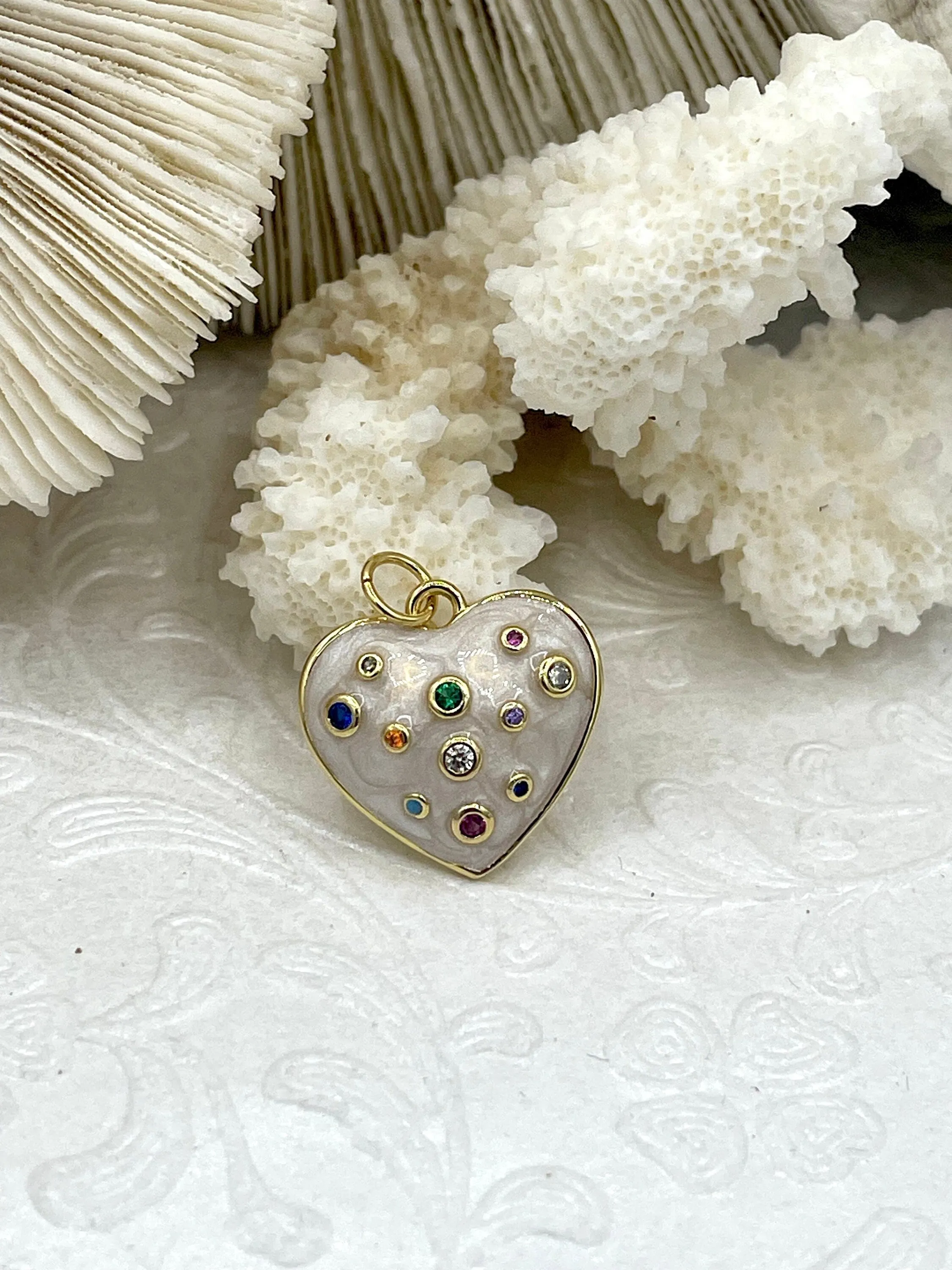 Enamel Heart Charms with Colorful Cubic Zirconia, CZ Micro Pave pendant,Enamel Pendant, gold plated brass, 16mm x 17.5mm x 4mm.Fast Shipping Gift For Him Exclusive item