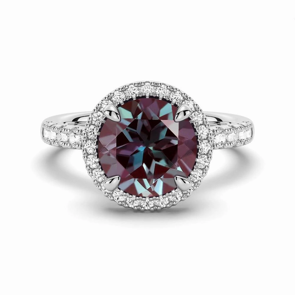 Modern Statement 3 CT. Round Cut Alexandrite Engagement Ring With Moissanite Halo Pav??