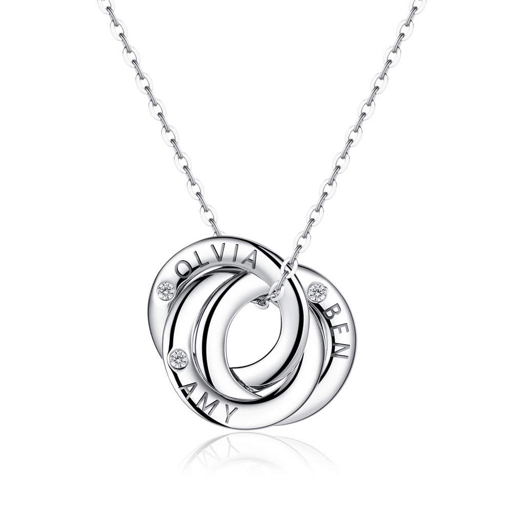 Classic Pop Radiant Charm Engraved 3 Interlocking Russian Rings Necklace Pendant