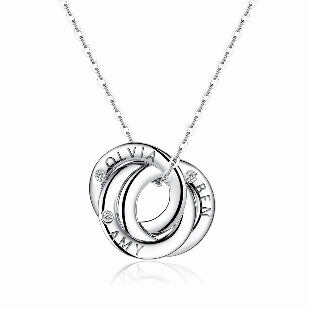 Engraved 3 Interlocking Russian Rings Necklace Pendant Timeless Pair