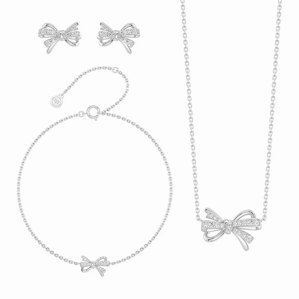 Stylish Outfit Charming Features Filigree Bow Moissanite and Diamond Jewelry Set Necklace Bracelet and Earrings