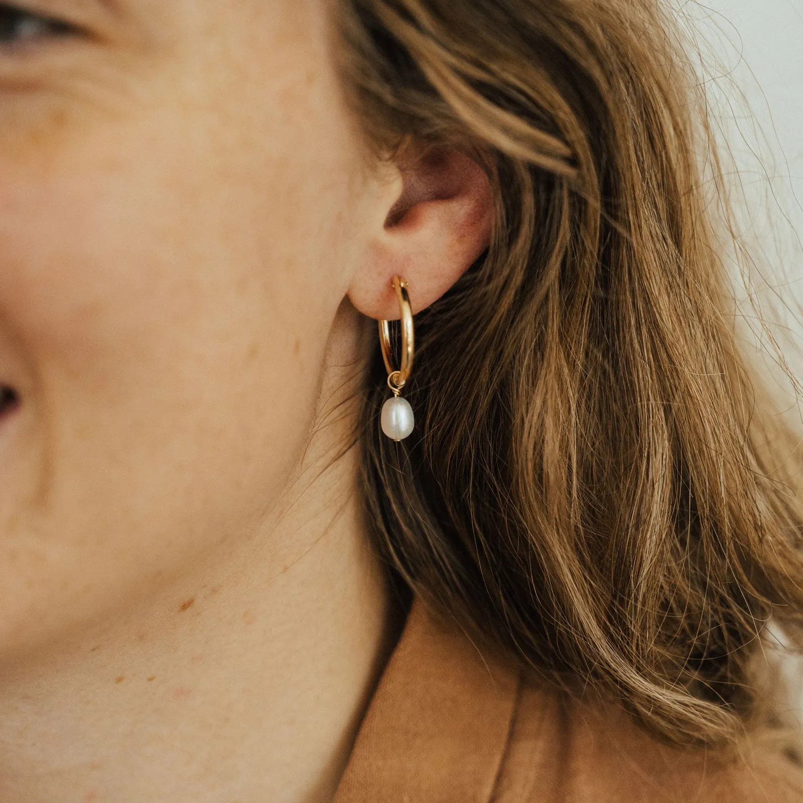 Eye-catching Design Everyday Pearl Hoops - 14K Solid Gold