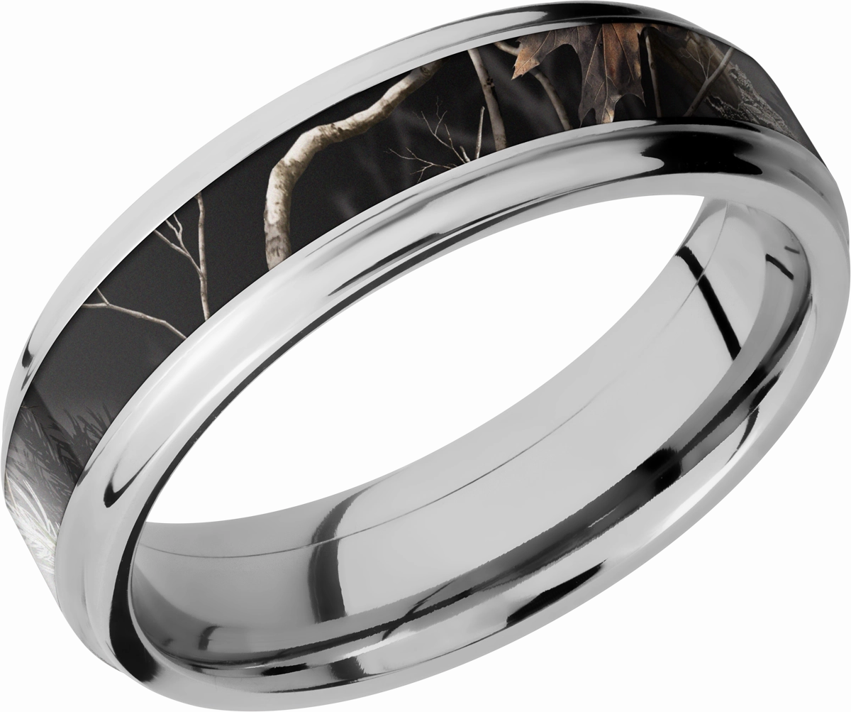 Cobalt chrome 6mm flat band with grooved edges and a 3mm inlay of Realtree APC Black Camo Opulent Gem Shiny Touch