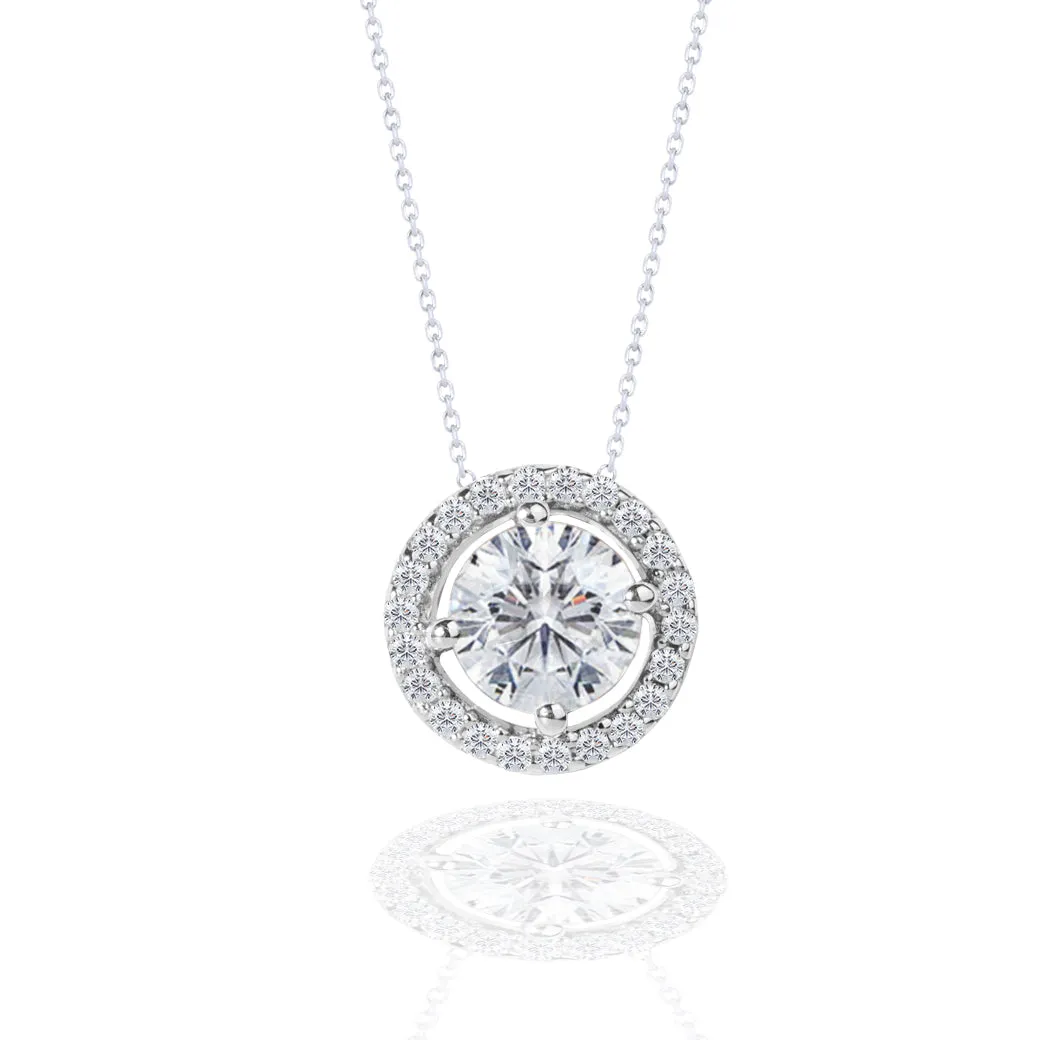 Glam Attire Group Piece Solitaire 1.25 Carat Round Cut Real Moissanite Halo Pendant Necklace in 18k White Gold Over Silver
