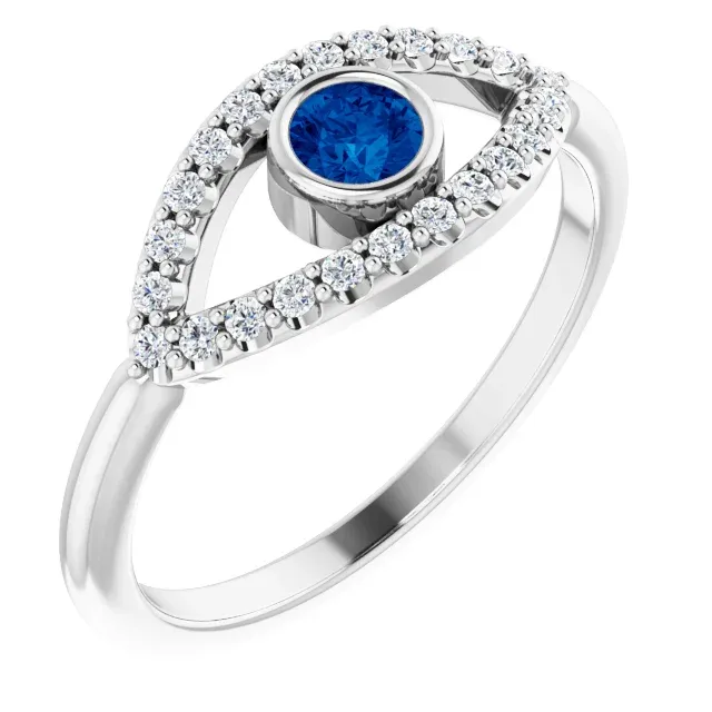 Unique Embellishment Elegant Jewelry 14K White Blue Sapphire & White Sapphire Evil Eye Ring