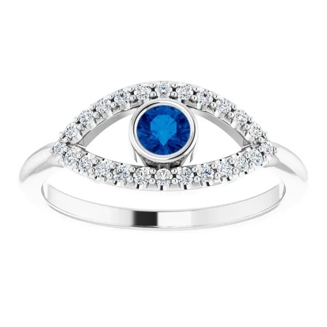 Practical Use 14K White Blue Sapphire & White Sapphire Evil Eye Ring