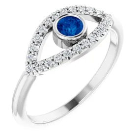 Unique Embellishment Elegant Jewelry 14K White Blue Sapphire & White Sapphire Evil Eye Ring