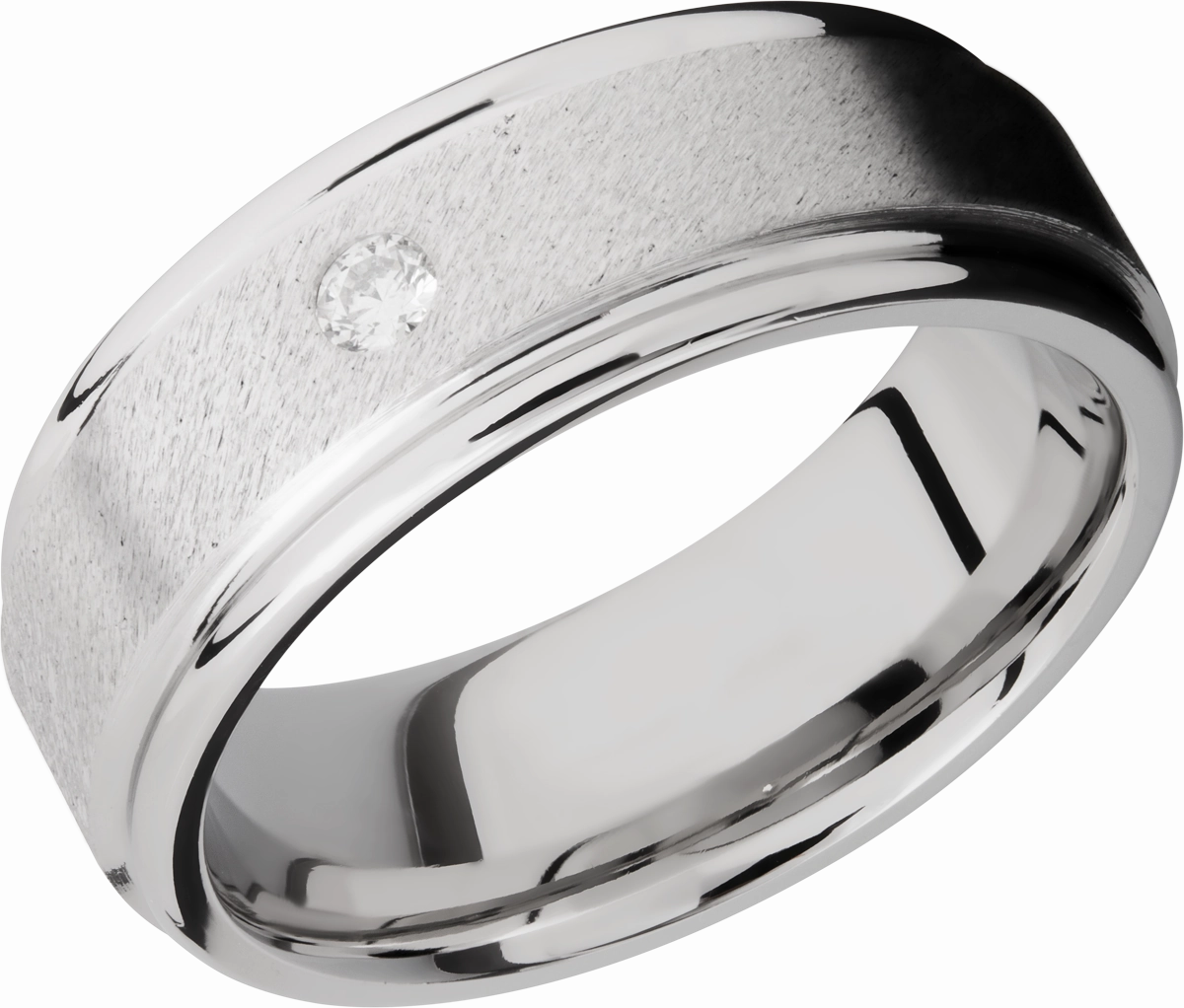 Distinct Feature Cobalt chrome 8mm flat band with rounded edges and a .07ct flush-set diamond